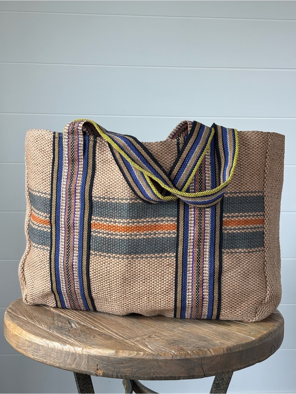 Maison Bengal Jute Club Tote Bag Shoulder Strap Handles Large Natural Tan Stripe